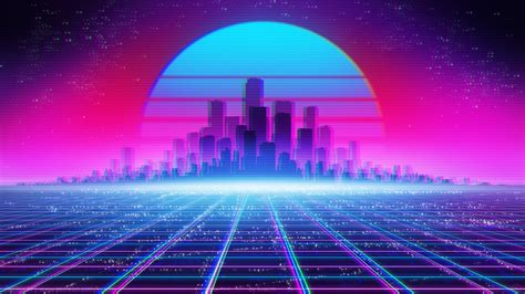 Glitch Art Synthwave City Vaporwave Neon Sun Retrowave Hd