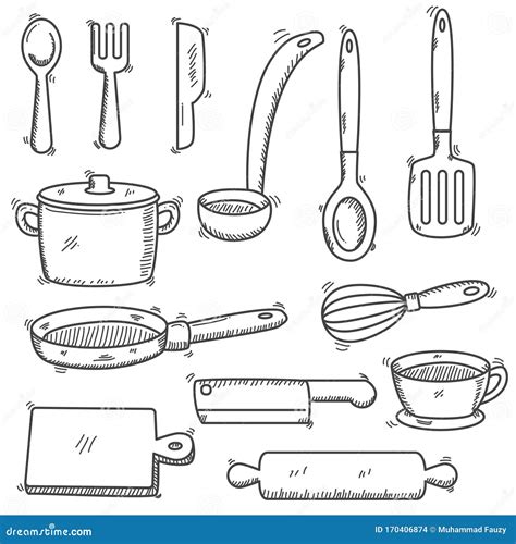 Set Of Utensils And Cooking Equipment In Doodle Hand Drawn Style Stock