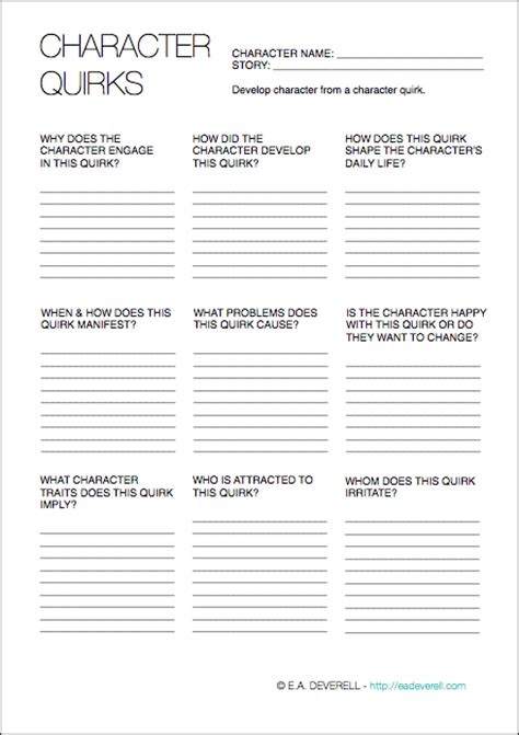 Character Quirks Writing Worksheet Wednesday