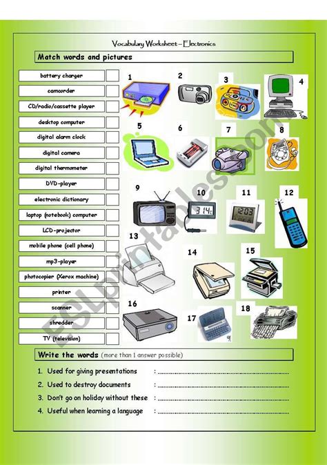 Vocabulary Matching Worksheet Electronics English Esl Worksheets 16e