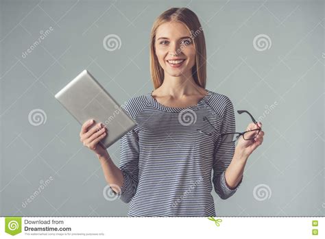 Beautiful Young Woman With Gadget Stock Photo Image Of Fashion Model