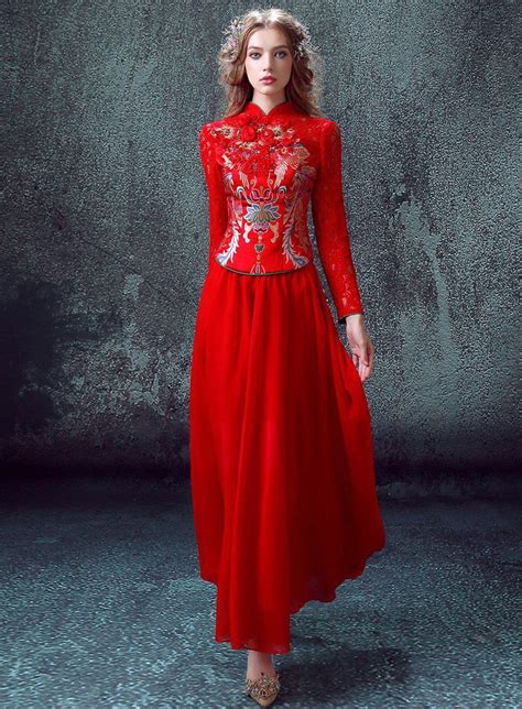 Elegant Full Length Red Chinese Wedding Dress Evening Gown With Lace