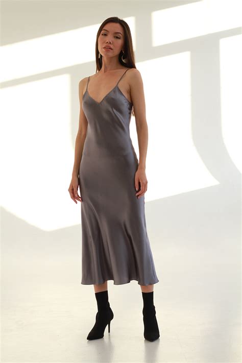 V Neck Silk Slip Dress Gray Stretch Silk Dress Thin Straps Etsy