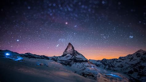 Mountain Peak Stars Sky Night Light Snow Wallpapers
