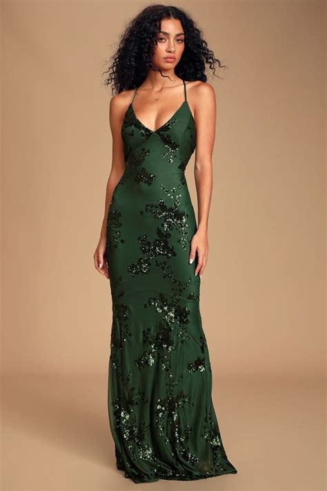 Ad Valhalla Forest Green Sequin Lace Up Maxi Dress Lulus Lovely