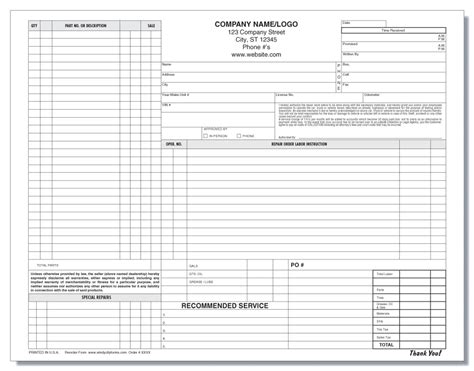 Automotive Repair Work Order And Invoice Forms Windy City Forms