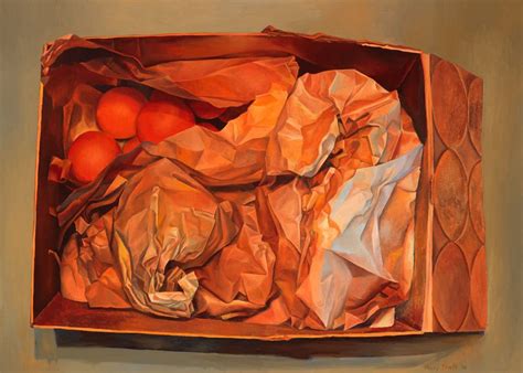 An Oil Painting Of Oranges In A Box On A Brown Background With White Paper