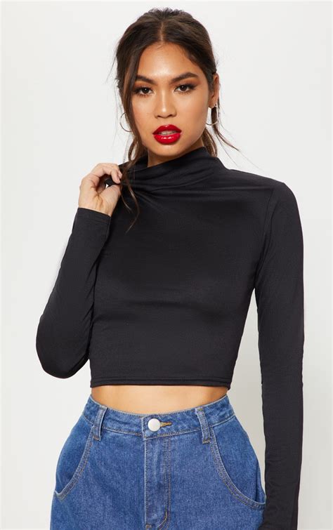 Black Long Sleeve High Neck Crop Top Tops Prettylittlething Aus