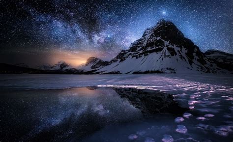Mountain On Starry Winter Night Wallpaper And Background