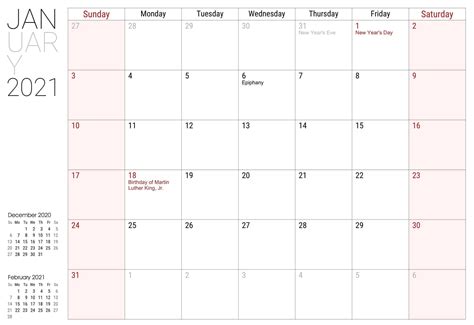 January 2021 Calendar With Holidays Printable Templates