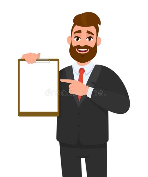 Young Businessman Showing Blank Clipboard And Pointing Index Finger