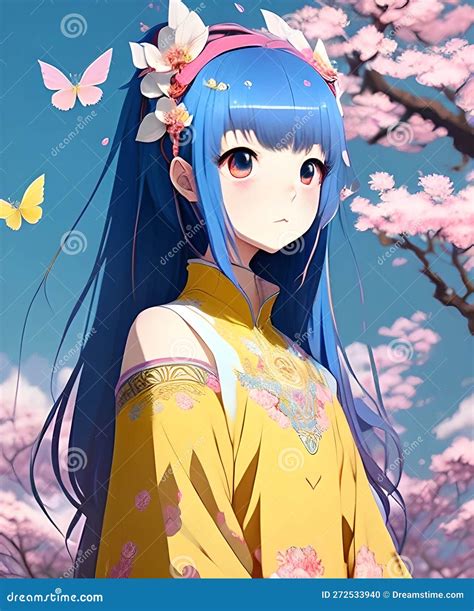 Beautiful Anime Girl In Kimono Dress With Blue Hair Sakura Flowers