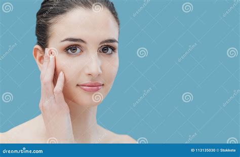 Beautiful Woman Caressing Her Face Stock Photo Image Of Clear