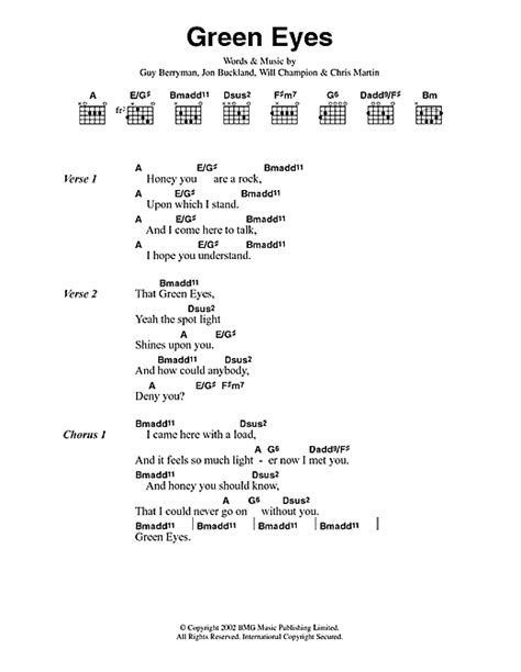 Coldplay Green Eyes Sheet Music And Chords Printable Lyrics Only Pdf