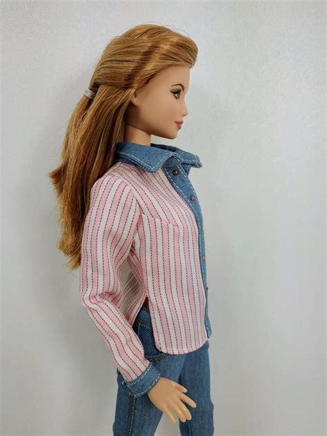 Barbie Clothes Doll Clothes Pink Striped Shirt With Denim Etsy
