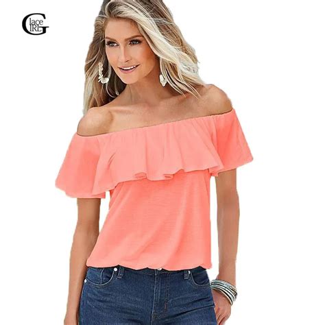 Lace Girl 2017 New Summer Women Tops Cute Slash Neck Ruffles Blouses Shirts Sexy Off The