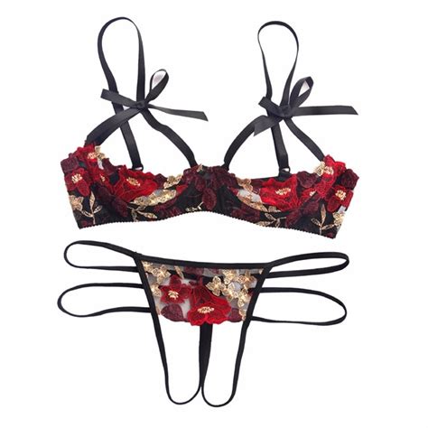 women erotic underwear sets floral embroidery open bra crotchless thong g string female sexy