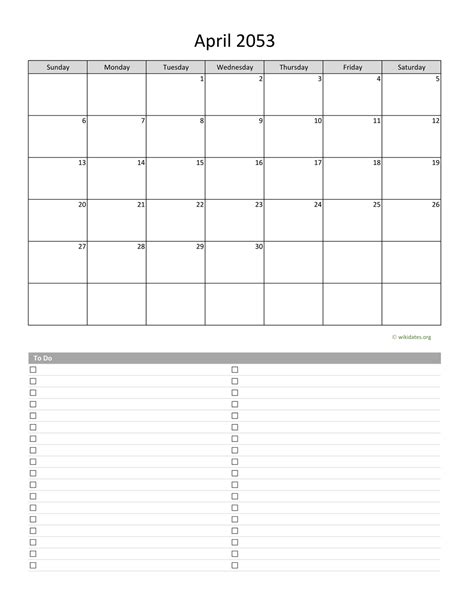 April 2053 Calendar With To Do List