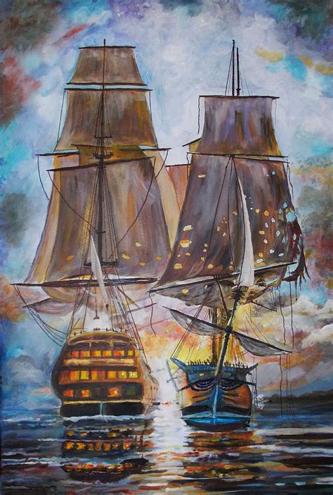 Sailing Ships At War Painting By Mike Benton