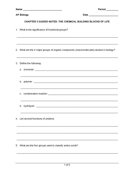 The Chemical Building Blocks Of Life Worksheet For 11th Higher Ed