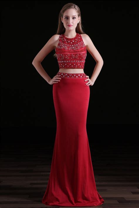 Sheath Open Back Two Piece Long Red Jersey Beaded Evening Prom Dress