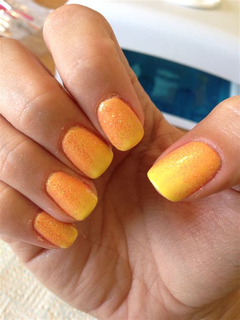 Shellac Cnd Bicycle Yellow Nails With Orange Neon Glitter Overlay Love