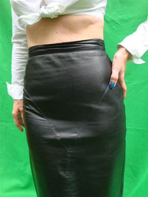 Vintage Black Leather Pencil Skirt High Waisted S Etsy