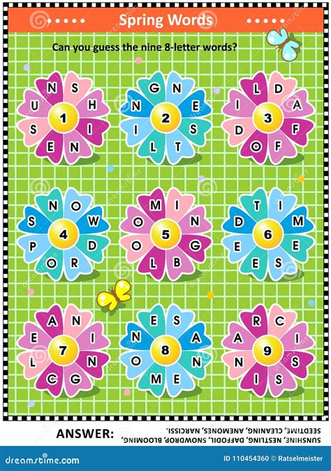 Spring Or Summer Word Game With Round Words On Flower Petals Stock