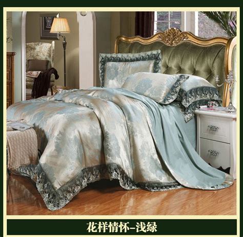 Blue Green Luxury Brand Lace Satin Jacquard Bedding Comforter Set King