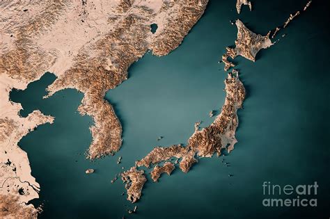 Japan Korea Topographic Map Horizontal 3D Render Dark Ocean Neut