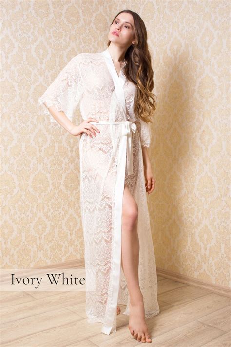 Sexy Lace Long Bridal Robe White See Through Wedding Etsy