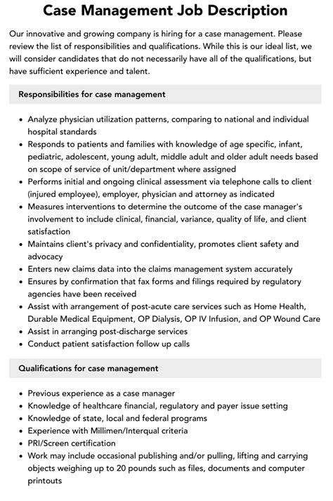 Case Management Job Description Velvet Jobs