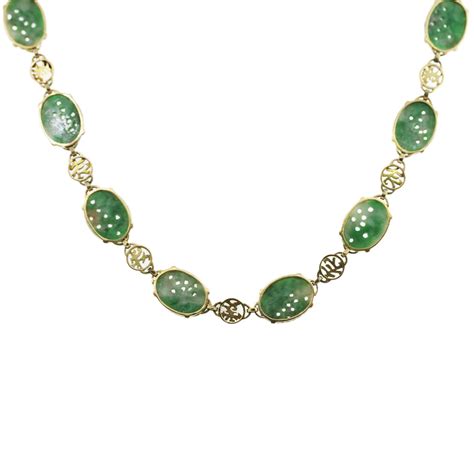 Vintage Carved Jade Necklace 14k Yellow Gold