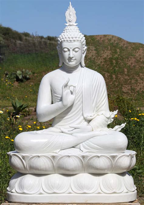 Large White Marble Teaching Buddha Statue With Beautiful Flame Finial