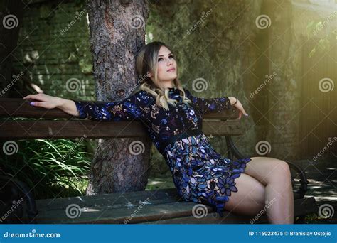 Beautiful Girl In Short Elegant Dress Sit On Wooden Bench In Fro Stock Image Image Of Beauty