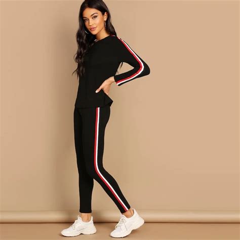 black striped pants long sleeve round neck two piece set power day sale