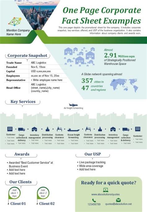 One Page Corporate Fact Sheet Examples Presentation Report Infographic