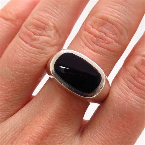 925 Sterling Silver Real Black Onyx Gem Wide Signet Ring Size 10 Ebay