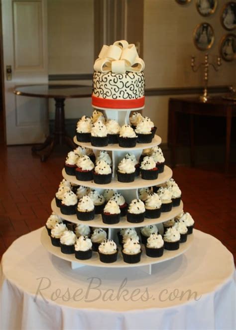 Red Black And White Wedding Cake And Cupcake Tower