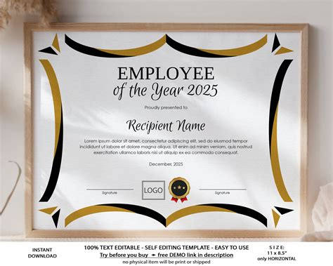 Editable Employee Of The Year Printable Employee T Award Etsy