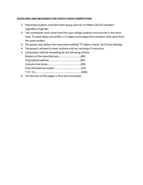 Guidelines And Mechanics For Speech Choir Competition Guidelines And