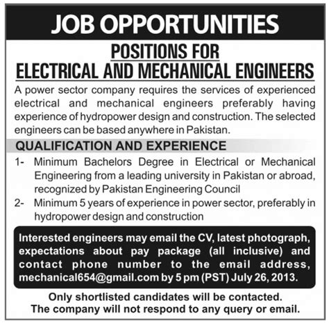 This will enable you to get your foot in the door at that company. Jobs as Electrical and Mechanical Engineers ~ Pakistani ...