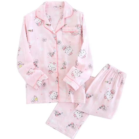 Kawaii Cat Pajamas Women Autumn Pajama Set Quilted Pyjamas 100 Gauze