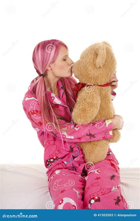 Woman Pink Pajamas Kiss Stuffed Animal Bear Stock Image Image Of