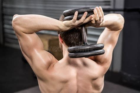Rear View Of Shirtless Man Lifting Heavy Dumbbell Stock Photo Image