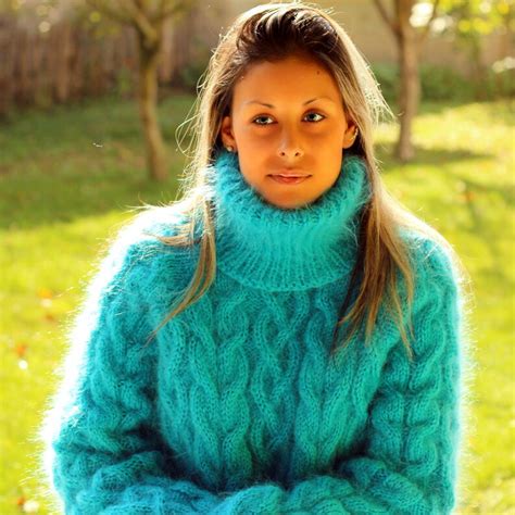 Hand Knit Mohair Sweater Cable Turquoise Fuzzy Turtleneck Etsy