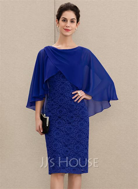 Sheathcolumn Scoop Neck Knee Length Chiffon Lace Mother Of The Bride Dress With Ruffle