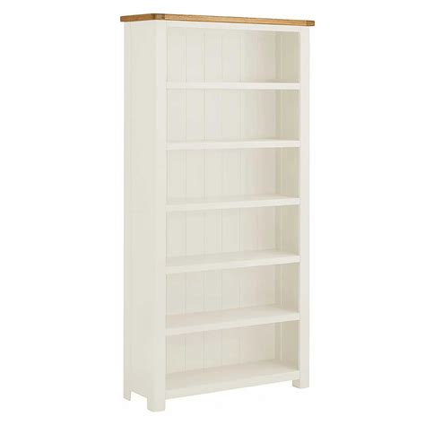 Padstow White Tall Large Bookcase Fixed Shelves Solid Wood Oak
