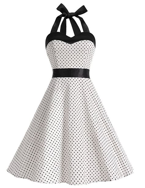 50s Vintage Style Halter White Polka Dots Ruched Retro Dress Cocktail Dress Vintage Fashion