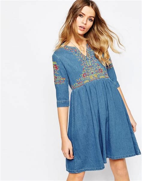 Asos Denim Embroidered Smock Dress In Mid Wash Blue At